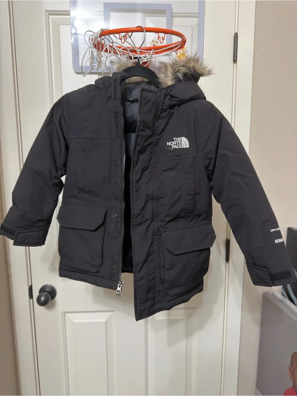 The North Face Kids Black Hooded Puffer Coat with Faux-Fur Trim